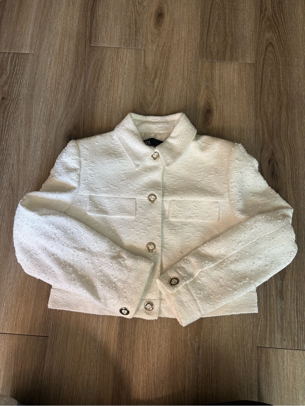 Zara White Tweed Cropped Button Jacket